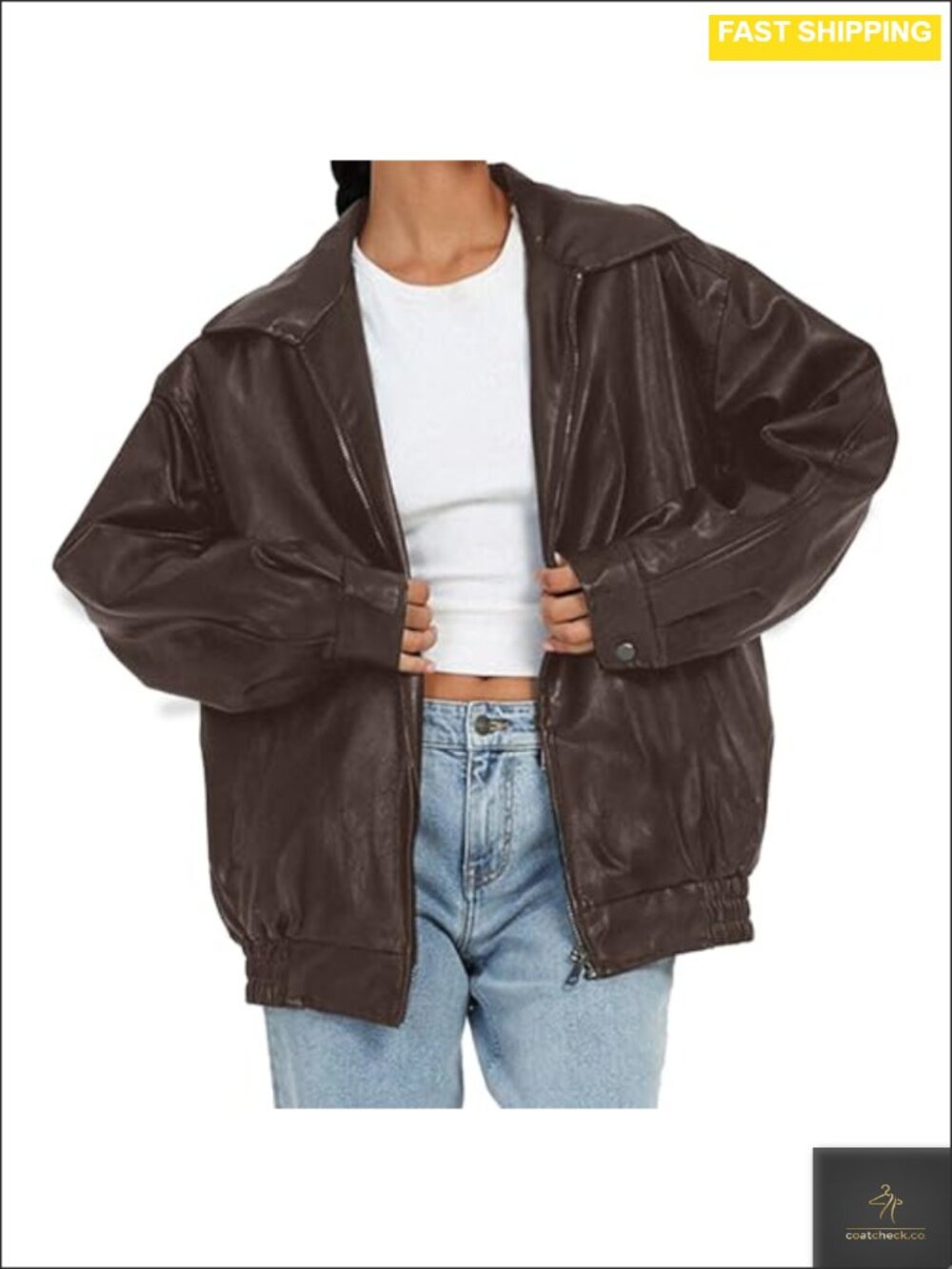 Womens Faux Leather Oversized Motorcycle Bomber Jacket Full Zip Spring Fall